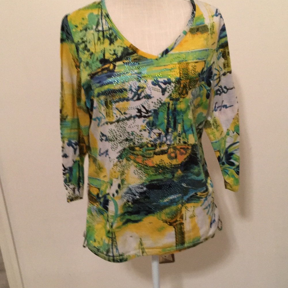 T/O Multi colored top with sequins, size large